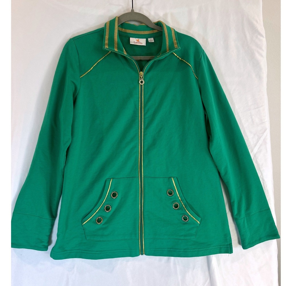 Quacker Factory Green Zip Up Jacket Gold Trim Rhinestone Grommets Womens Medium